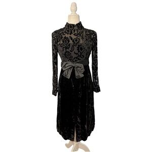 Vintage 60s Anita de Sola Black Rose Burnout Velvet Chiffon Midi Dress Bow